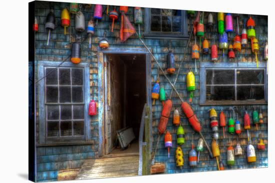 Buoys on an Old Shed at Bass Harbor, Bernard, Maine, USA-Joanne Wells-Stretched Canvas