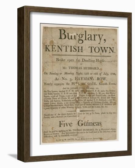 Burglary in Kentish Town in 1798. Reward of £5-null-Framed Giclee Print