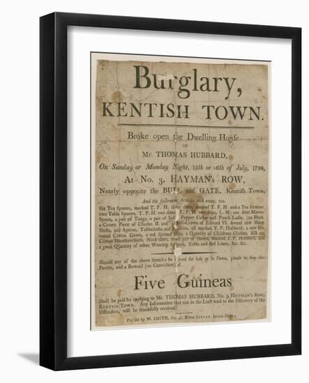 Burglary in Kentish Town in 1798. Reward of £5-null-Framed Giclee Print