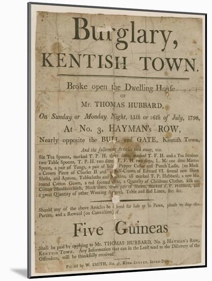 Burglary in Kentish Town in 1798. Reward of £5-null-Mounted Giclee Print