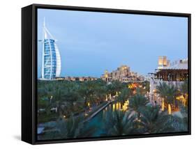 Burj Al Arab and Madinat Jumeirah Hotels at Dusk, Dubai, United Arab Emirates, Middle East-Amanda Hall-Framed Stretched Canvas