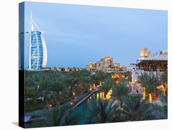 Burj Al Arab and Madinat Jumeirah Hotels at Dusk, Dubai, United Arab Emirates, Middle East-Amanda Hall-Stretched Canvas