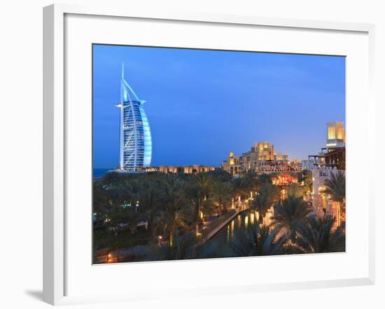 Burj Al Arab Viewed From the Madinat Jumeirah Hotel at Dusk, Jumeirah Beach, Dubai, Uae-null-Framed Photographic Print