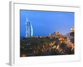 Burj Al Arab Viewed From the Madinat Jumeirah Hotel at Dusk, Jumeirah Beach, Dubai, Uae-null-Framed Photographic Print