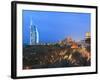 Burj Al Arab Viewed From the Madinat Jumeirah Hotel at Dusk, Jumeirah Beach, Dubai, Uae-null-Framed Photographic Print