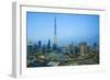 Burj Khalifa and Downtown Dubai at dusk, Dubai, United Arab Emirates, Middle East-Fraser Hall-Framed Photographic Print