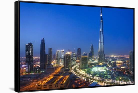 Burj Khalifa and Downtown Dubai at night, Dubai, United Arab Emirates, Middle East-Fraser Hall-Framed Stretched Canvas