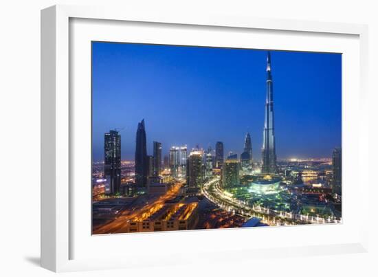 Burj Khalifa and Downtown Dubai at night, Dubai, United Arab Emirates, Middle East-Fraser Hall-Framed Premium Photographic Print
