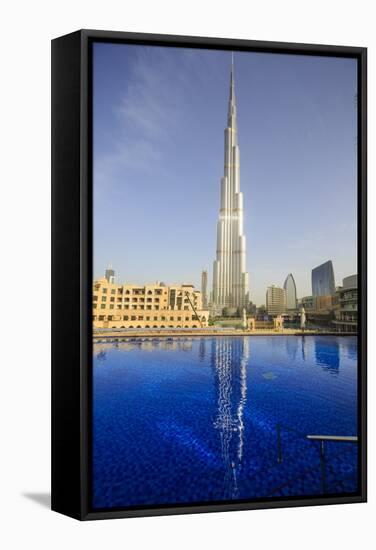 Burj Khalifa Reflected in Hotel Swimming Pool, Dubai, United Arab Emirates, Middle East-Amanda Hall-Framed Stretched Canvas