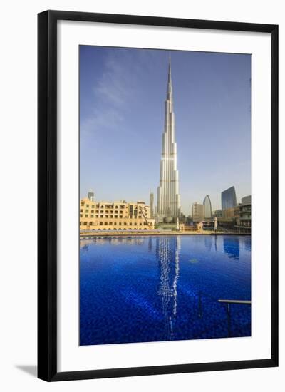 Burj Khalifa Reflected in Hotel Swimming Pool, Dubai, United Arab Emirates, Middle East-Amanda Hall-Framed Photographic Print
