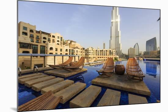 Burj Khalifa Seen from Hotel Swimming Pool, Dubai, United Arab Emirates, Middle East-Amanda Hall-Mounted Photographic Print