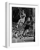 Burke Scott of Hoosiers Basketball Team Leaping Through Air Towards Lay Up Shot at Basketball Hoop-Francis Miller-Framed Premium Photographic Print