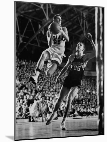 Burke Scott of Hoosiers Basketball Team Leaping Through Air Towards Lay Up Shot at Basketball Hoop-Francis Miller-Mounted Premium Photographic Print