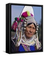 Burma, Kengtung, A Mong La Akha Woman Wearing a Traditional Headdress of Silver and Beads, Myanmar-Nigel Pavitt-Framed Stretched Canvas