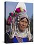 Burma, Kengtung, A Mong La Akha Woman Wearing a Traditional Headdress of Silver and Beads, Myanmar-Nigel Pavitt-Stretched Canvas