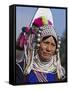 Burma, Kengtung, A Mong La Akha Woman Wearing a Traditional Headdress of Silver and Beads, Myanmar-Nigel Pavitt-Framed Stretched Canvas