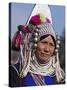 Burma, Kengtung, A Mong La Akha Woman Wearing a Traditional Headdress of Silver and Beads, Myanmar-Nigel Pavitt-Stretched Canvas