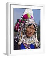 Burma, Kengtung, A Mong La Akha Woman Wearing a Traditional Headdress of Silver and Beads, Myanmar-Nigel Pavitt-Framed Photographic Print