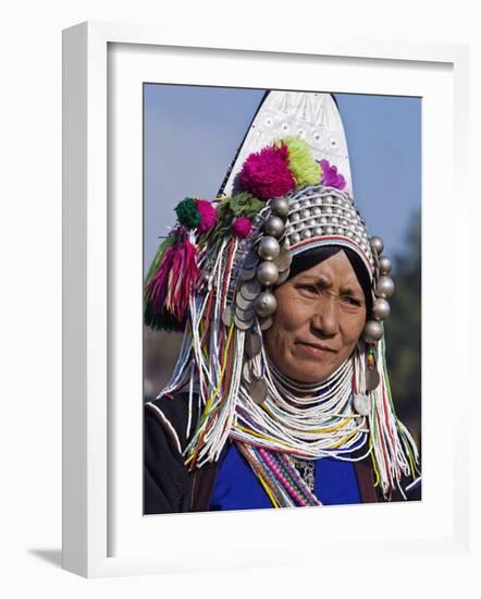 Burma, Kengtung, A Mong La Akha Woman Wearing a Traditional Headdress of Silver and Beads, Myanmar-Nigel Pavitt-Framed Photographic Print