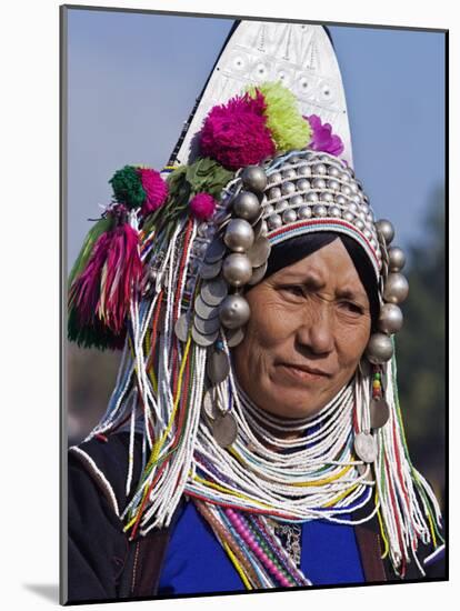 Burma, Kengtung, A Mong La Akha Woman Wearing a Traditional Headdress of Silver and Beads, Myanmar-Nigel Pavitt-Mounted Photographic Print