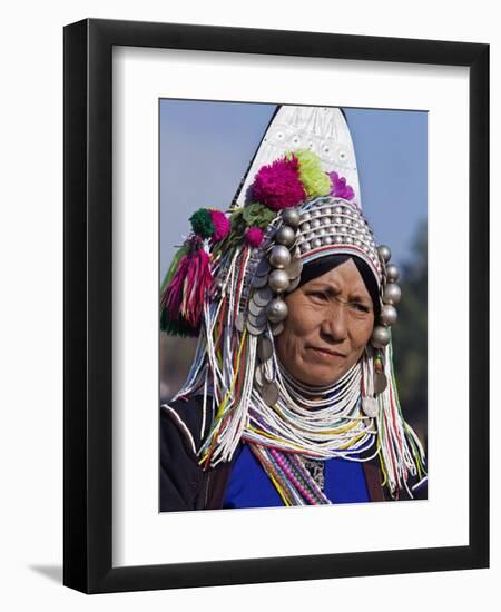 Burma, Kengtung, A Mong La Akha Woman Wearing a Traditional Headdress of Silver and Beads, Myanmar-Nigel Pavitt-Framed Photographic Print