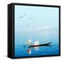 Burma Myanmar Inle Lake Traditional Fisherman Fish Catching in Blue Water at Peaceful Morning Time-Banana Republic images-Framed Stretched Canvas