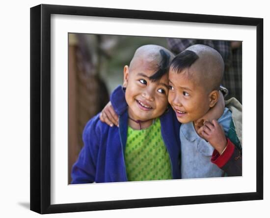Burma, Rakhine State, Gyi Dawma Village, Two Young Friends at Gyi Dawma Village, Myanmar-Nigel Pavitt-Framed Premium Photographic Print