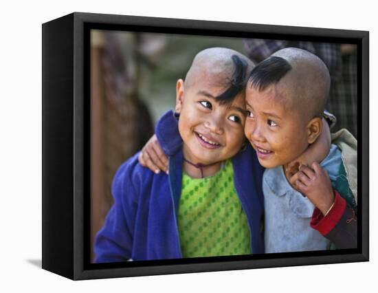 Burma, Rakhine State, Gyi Dawma Village, Two Young Friends at Gyi Dawma Village, Myanmar-Nigel Pavitt-Framed Stretched Canvas