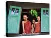 Burma, Rakhine State, Sittwe, Three Novice Monks Look Out of their Dormitory Window at the Pathain -Nigel Pavitt-Stretched Canvas