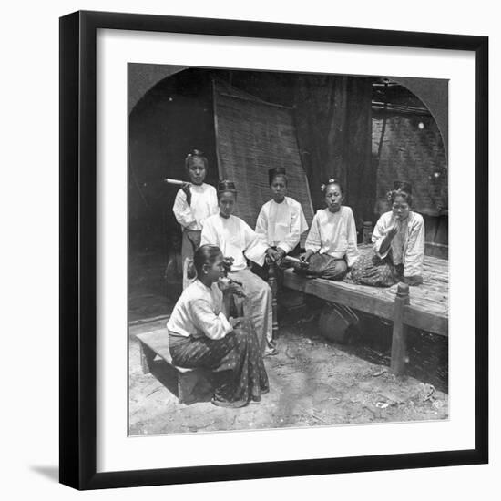 Burmese Women Smoking Outside their Home, Mandalay, Burma, 1908-null-Framed Photographic Print