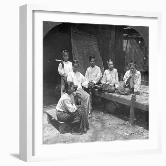 Burmese Women Smoking Outside their Home, Mandalay, Burma, 1908-null-Framed Photographic Print