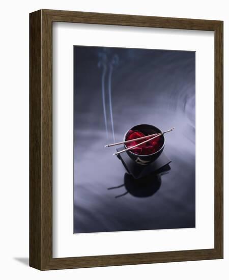 Burning incense on top of bowl of petals-John Smith-Framed Photographic Print