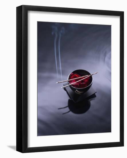 Burning incense on top of bowl of petals-John Smith-Framed Photographic Print