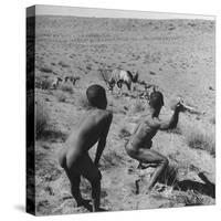 Bushman Throwing His Spear at a Winded Gemsbok-Nat Farbman-Stretched Canvas