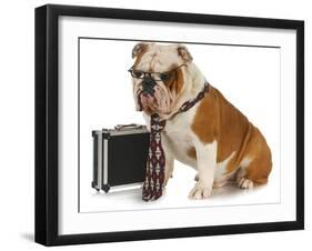 Business Dog - English Bulldog Male Wearing Tie And Glasses Sitting Beside Briefcase-Willee Cole-Framed Photographic Print