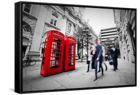 Business Life Concept in London, the Uk. Red Phone Booth, People in Suits Walking-Michal Bednarek-Framed Stretched Canvas