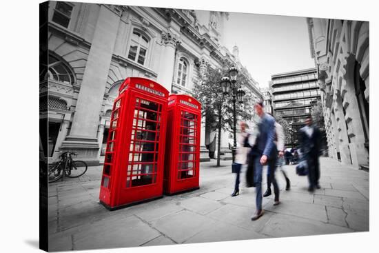 Business Life Concept in London, the Uk. Red Phone Booth, People in Suits Walking-Michal Bednarek-Stretched Canvas