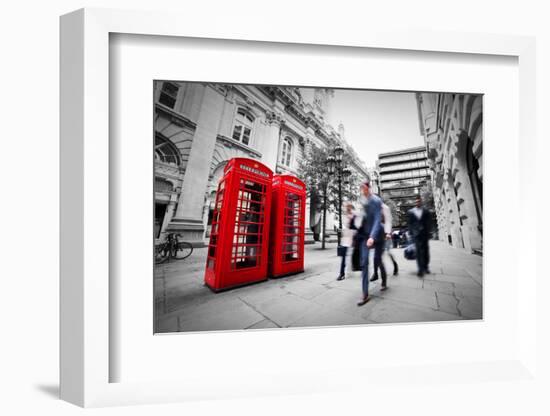 Business Life Concept in London, the Uk. Red Phone Booth, People in Suits Walking-Michal Bednarek-Framed Photographic Print