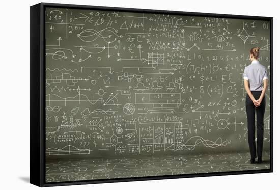 Business Person Standing Against the Blackboard with a Lot of Data-Sergey Nivens-Framed Stretched Canvas