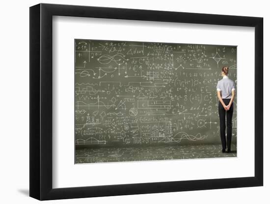 Business Person Standing Against the Blackboard with a Lot of Data-Sergey Nivens-Framed Photographic Print