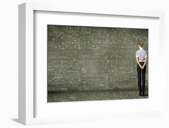 Business Person Standing Against the Blackboard with a Lot of Data-Sergey Nivens-Framed Photographic Print