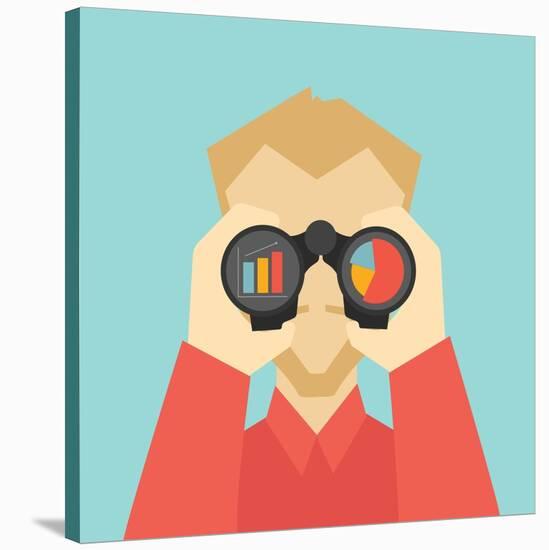 Business Vision Concept. Man Looking through Binoculars and See Charts-Milles Vector Studio-Stretched Canvas