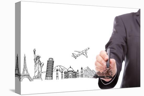 Businessman Drawing  World Travel (Japan,France,Italy,New York,India,Egypt)-jannoon028-Stretched Canvas