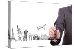 Businessman Drawing  World Travel (Japan,France,Italy,New York,India,Egypt)-jannoon028-Stretched Canvas