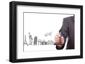Businessman Drawing  World Travel (Japan,France,Italy,New York,India,Egypt)-jannoon028-Framed Photographic Print