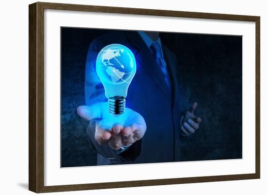 Businessman Hand Shows Light Bulb with Planet Earth Social Network-everythingpossible-Framed Photographic Print