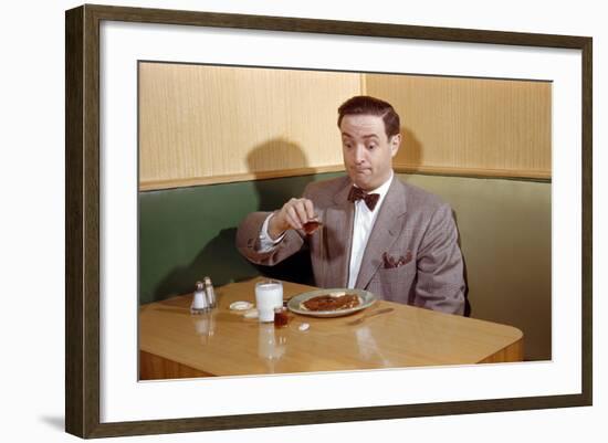 Businessman Pouring Syrup on Pancakes-William P. Gottlieb-Framed Photographic Print