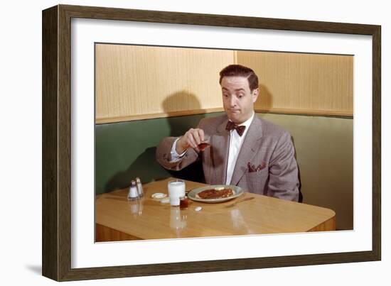 Businessman Pouring Syrup on Pancakes-William P. Gottlieb-Framed Photographic Print