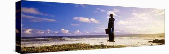 Businessman Standing on a Ladder and Looking Through Binoculars, California, USA-null-Stretched Canvas