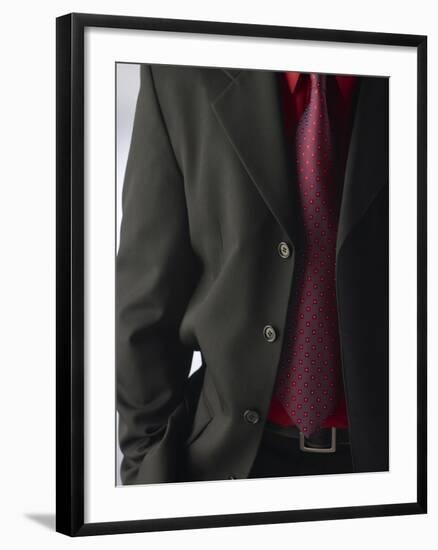 Businessman Wearing Red Shirt and Tie Under Black Suit-null-Framed Photographic Print